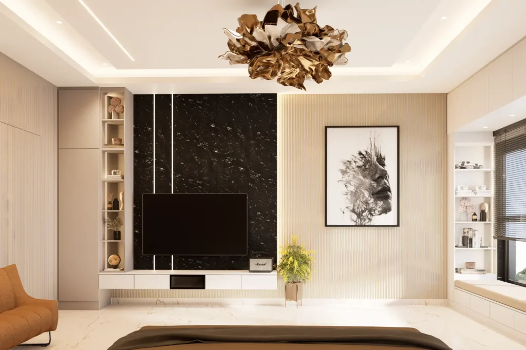 3D design of a Devanahalli 4 BHK bedroom TV wall with black marble panel, profile lighting and floating TV unit by Aladi Interiors