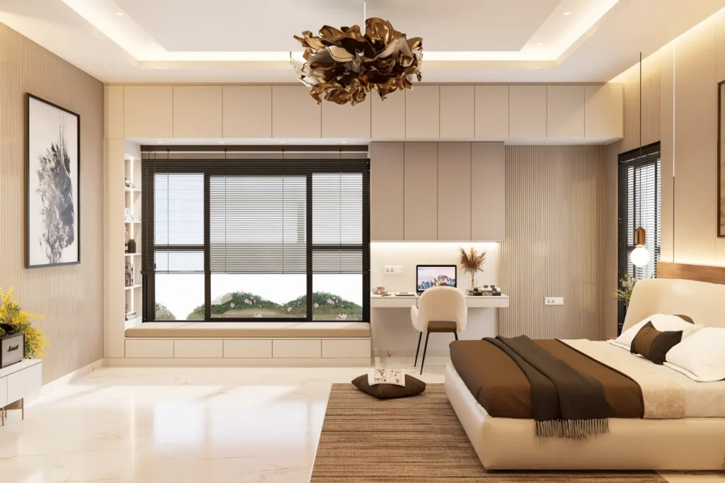 3D design of a Devanahalli 4 BHK bedroom with window seat storage, study desk and overhead lofts by Aladi Interiors