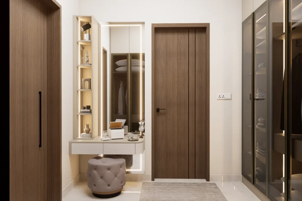 3D design of a Devanahalli 4 BHK dresser unit with backlit mirror, display niche and tufted ottoman by Aladi Interiors