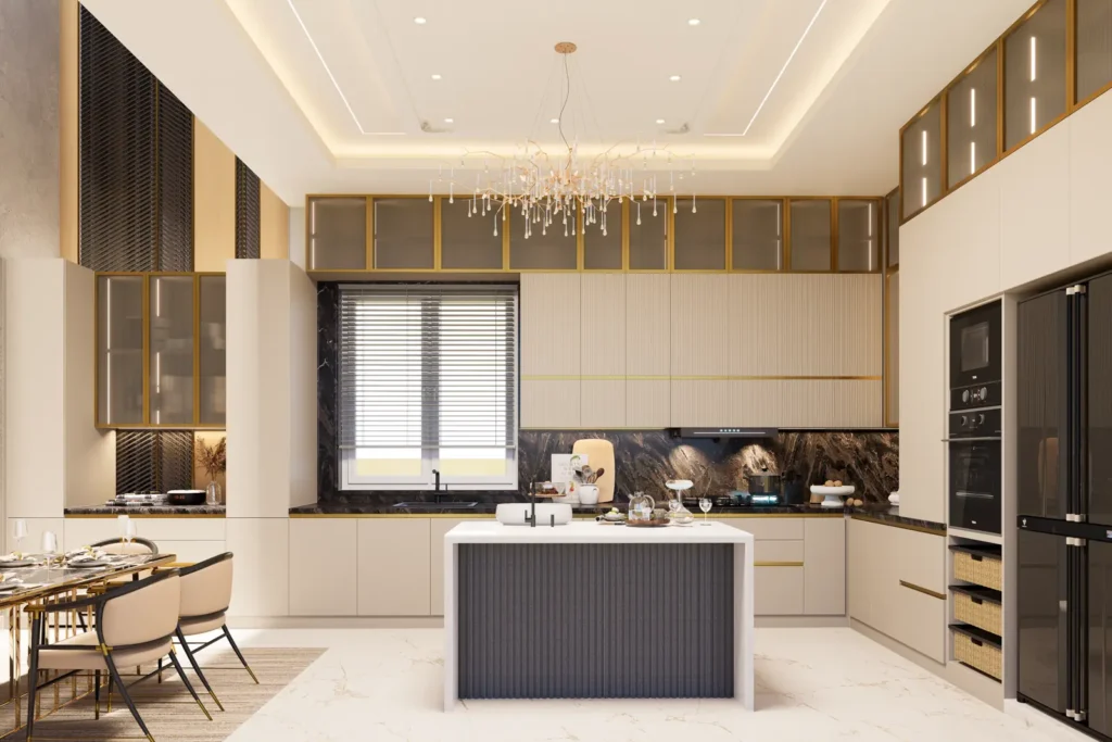 3D design of a 4 BHK modular kitchen in Devanahalli with island, gold-framed glass cabinets and crystal chandelier by Aladi Interiors