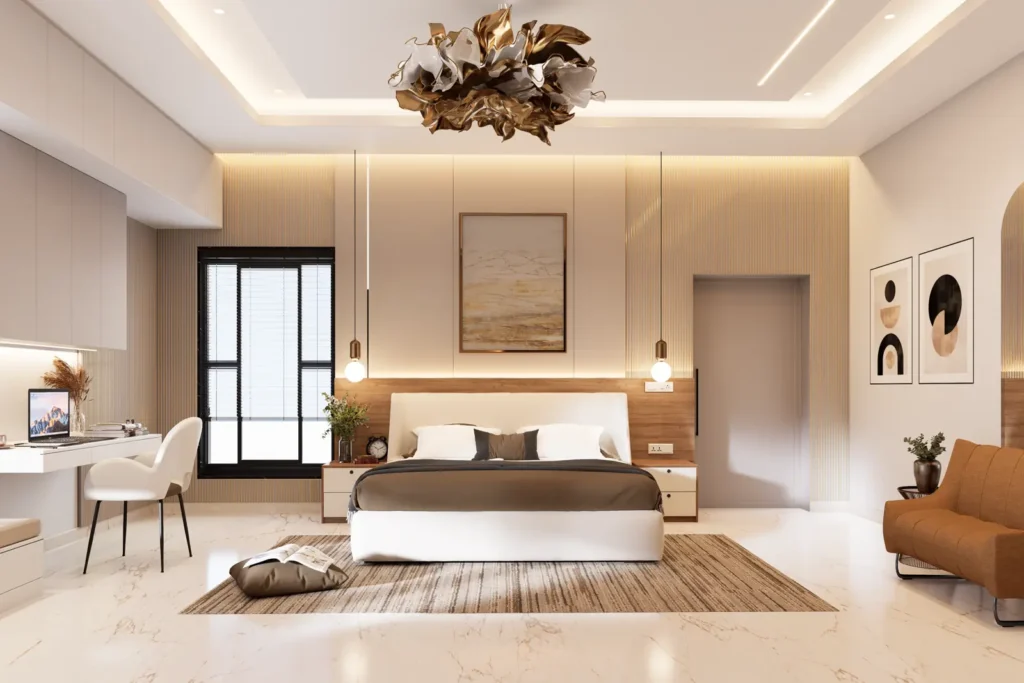 3D design of a 4 BHK master bedroom in Devanahalli with fluted wall panels, wooden headboard and sculptural gold chandelier by Aladi Interiors