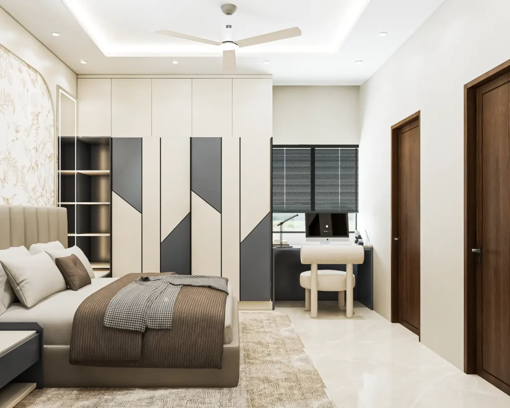 3D design of a Vijayapura 4 BHK bedroom with geometric grey and ivory wardrobe, open display unit, study table by the window and upholstered bed by Aladi Interiors