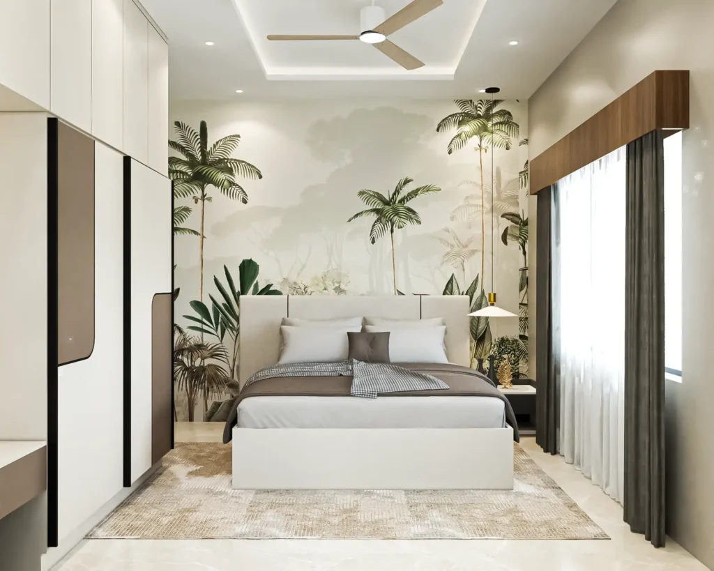 3D design of a Vijayapura 4 BHK bedroom with tropical palm mural wallpaper, upholstered bed, ivory wardrobe, wooden curtain pelmet and cove-lit ceiling by Aladi Interiors