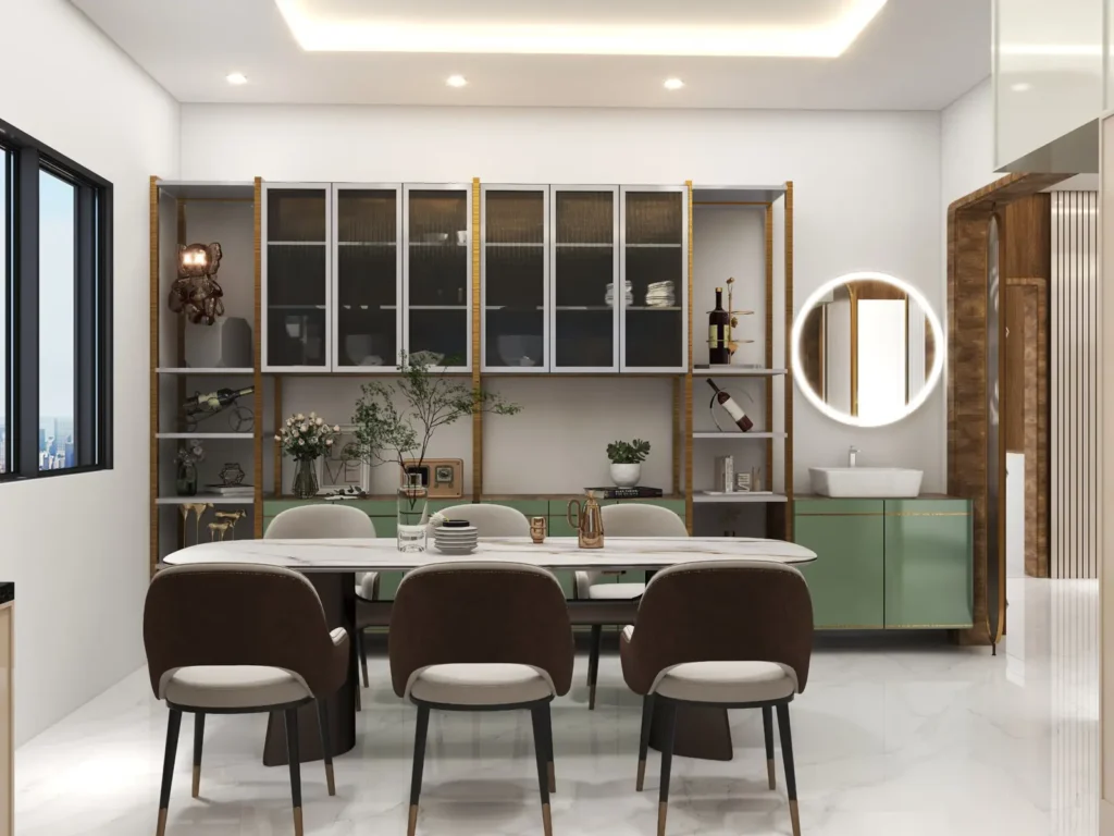 3D design of a duplex villa dining room in Dharwad with fluted glass crockery unit, sage green base cabinets, wash basin counter and six-seater marble dining table by Aladi Interiors