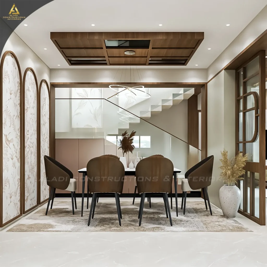 3D design of a Mudhol dining room with six-seater table, arched floral wallpaper panels, wooden coffered ceiling and ring chandelier by Aladi Interiors