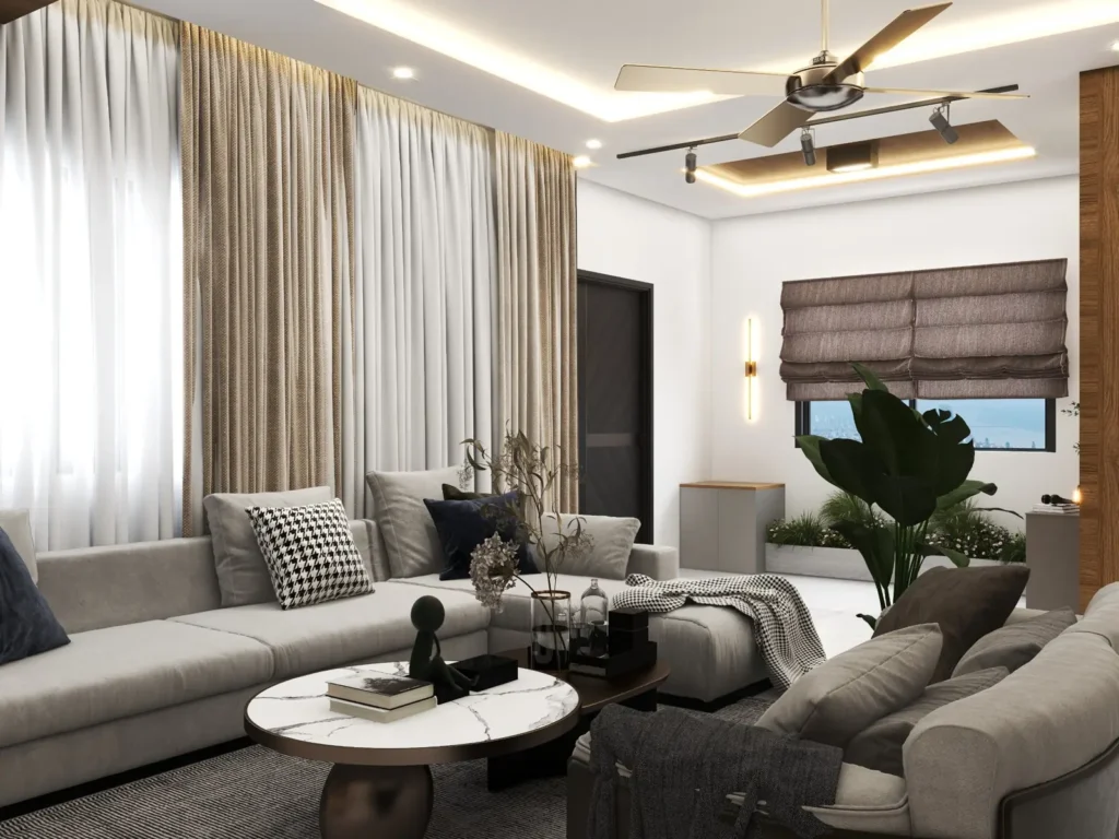 3D interior design of a duplex villa living room in Dharwad with L-shaped grey sofa, marble coffee table, layered curtains and cove-lit ceiling by Aladi Interiors