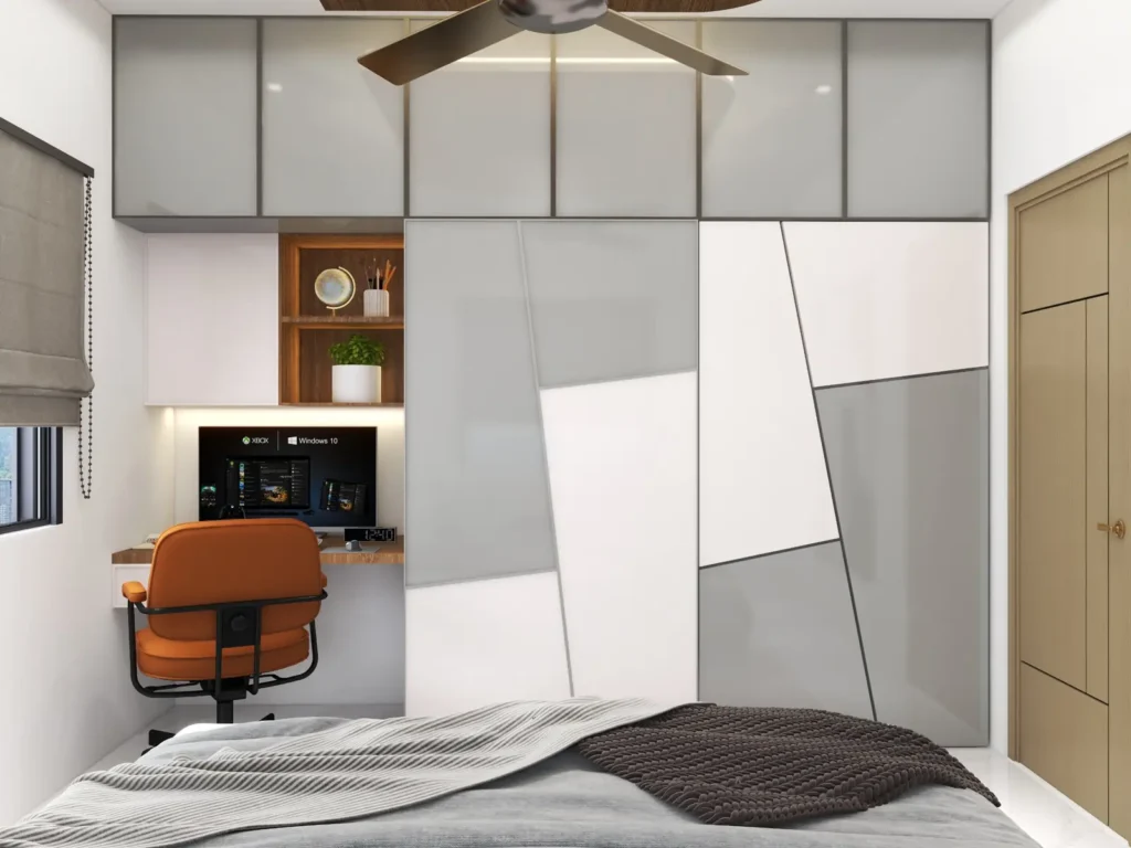 3D design of a kids bedroom in a Dharwad duplex villa with geometric grey and white sliding wardrobe, built-in study table and wooden display shelves by Aladi Interiors