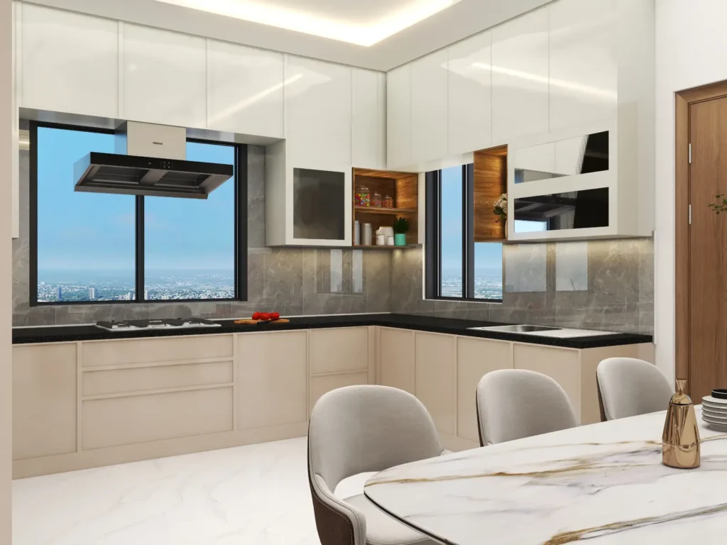 3D design of an L-shaped modular kitchen in a Dharwad duplex villa with beige shaker base units, white gloss lofts, glass wall cabinets and black granite countertop by Aladi Interiors
