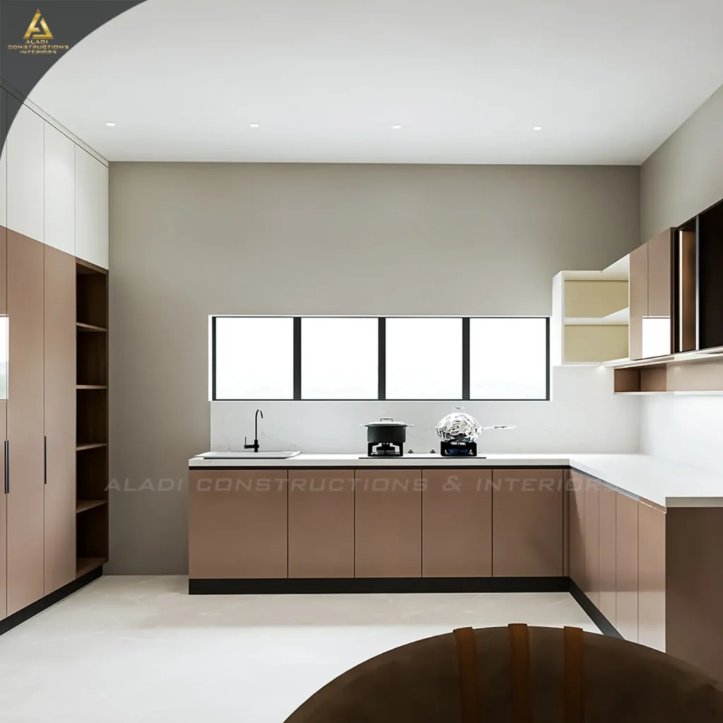 3D design of an L-shaped modular kitchen in Mudhol with rose-gold gloss base units, tall storage with open wooden shelves and white quartz countertop by Aladi Interiors