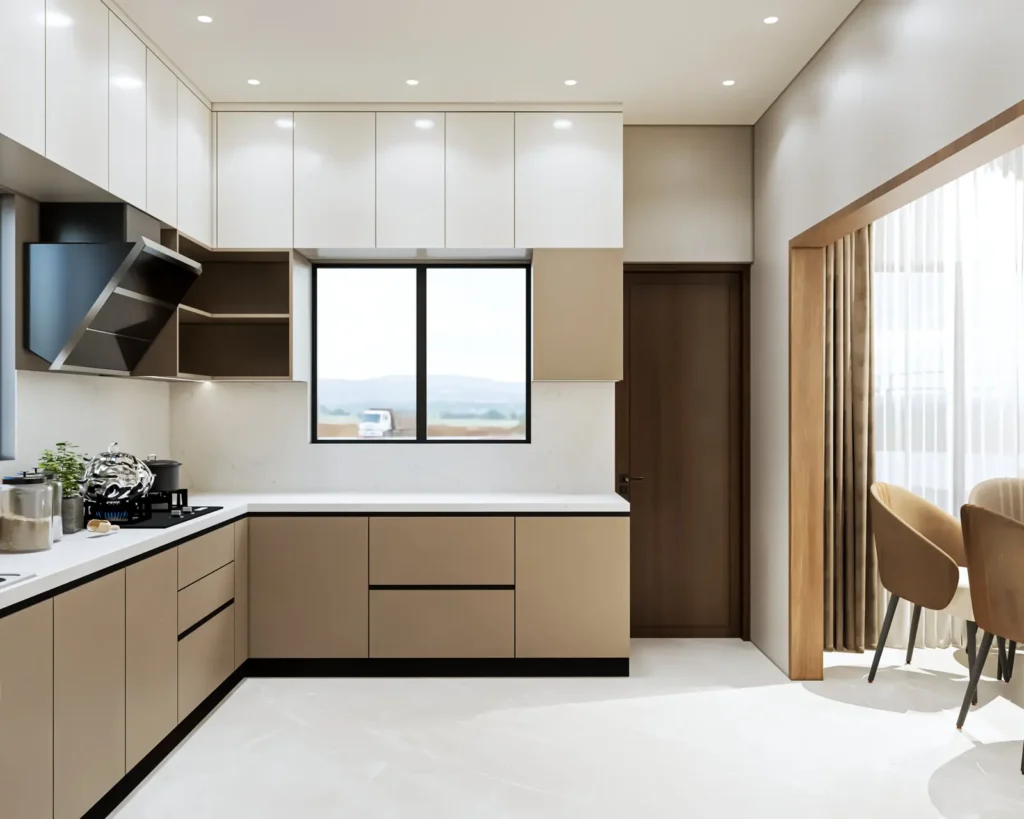 3D design of an L-shaped modular kitchen in a Vijayapura 4 BHK with taupe handleless base units, white gloss lofts, quartz countertop and chimney by Aladi Interiors