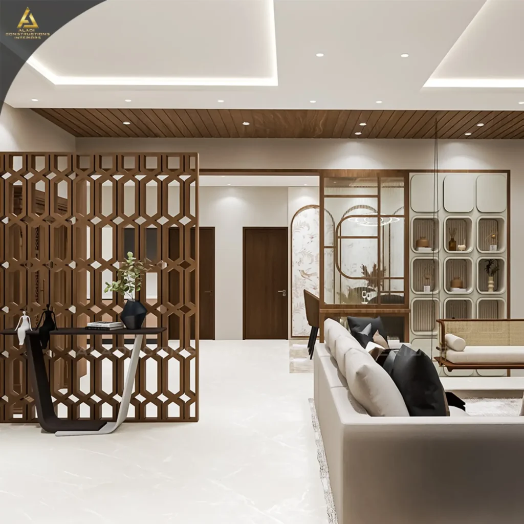 3D design of an open living area in Mudhol with geometric wooden jaali partition, console table, fluted glass screen, curved display unit and cane swing by Aladi Interiors