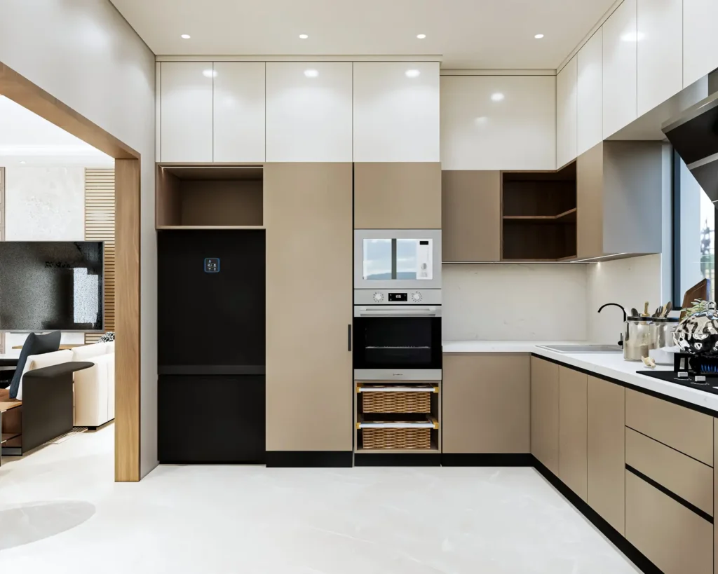 3D design of a Vijayapura 4 BHK modular kitchen with tall units for fridge, built-in oven and microwave, wicker baskets and white gloss lofts by Aladi Interiors