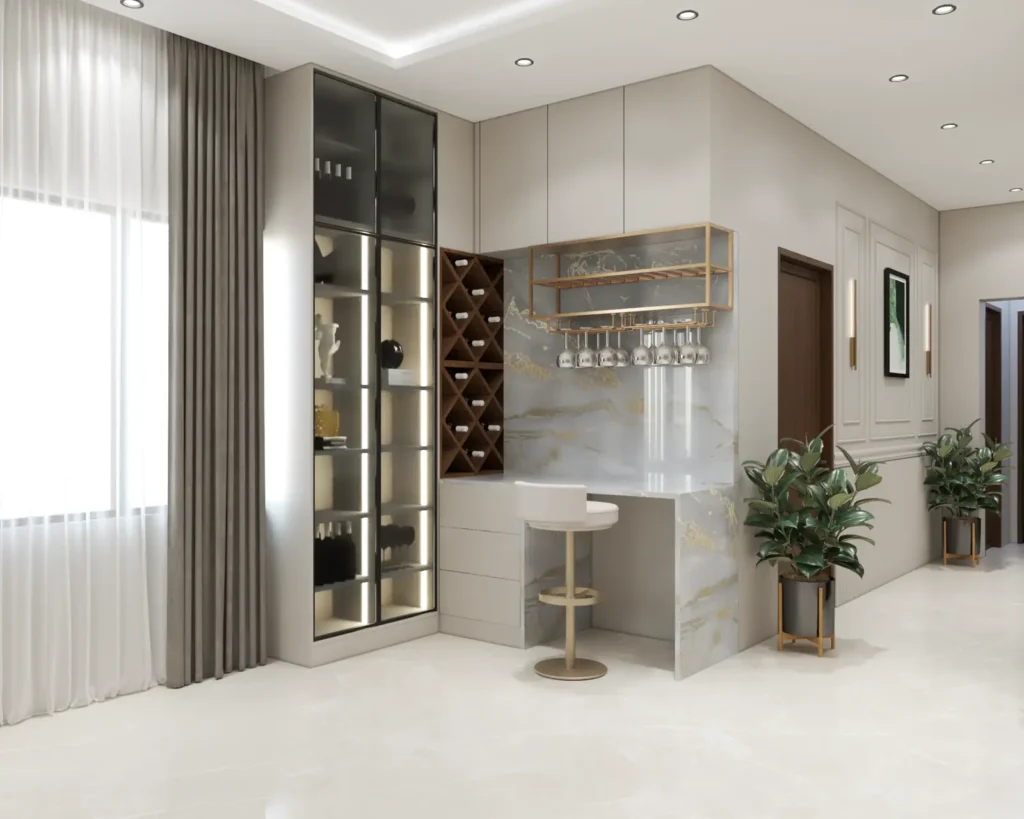 3D design of a bar unit with wine rack and gold glass holder in a Bellary villa by Aladi Interiors