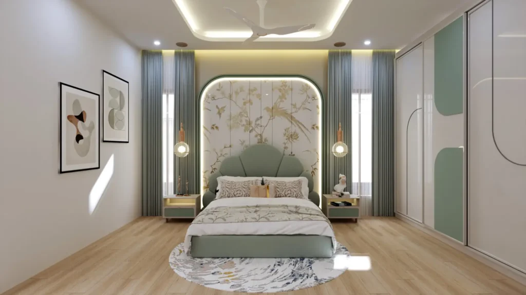3D design of a Kushtagi villa bedroom with sage green scalloped bed, backlit floral wall panel, pendant lights and sliding wardrobe by Aladi Interiors