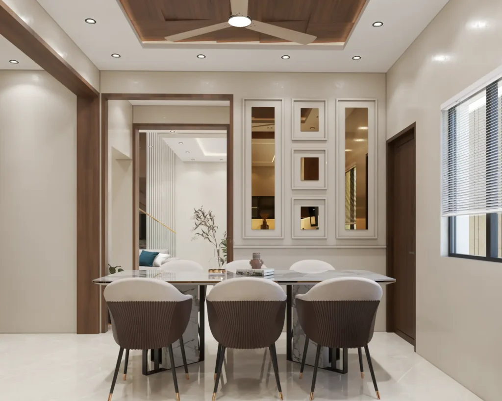 3D design of a Bellary villa dining area with mirror wall panels and wooden ceiling by Aladi Interiors
