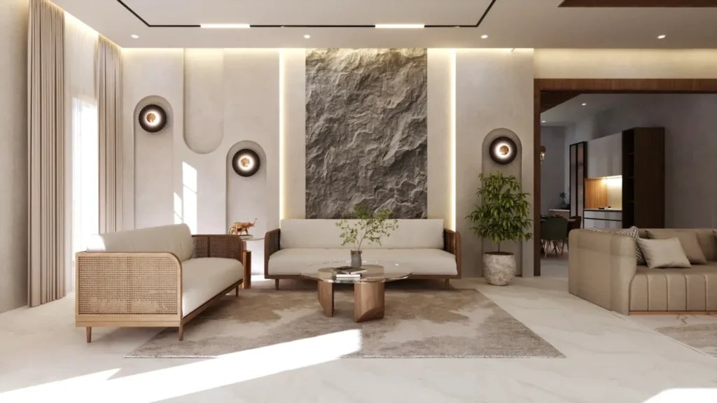 3D design of a Kushtagi villa formal living room with textured stone feature wall, arched niches with wall lights and cane sofas by Aladi Interiors