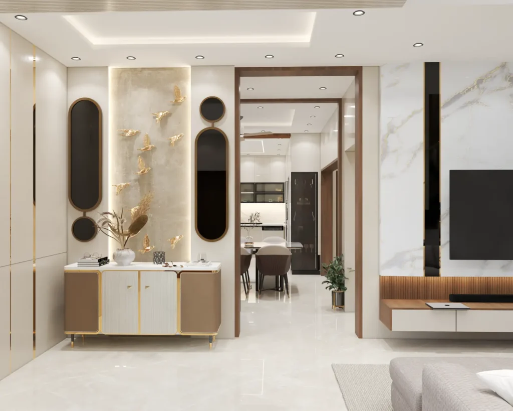 3D design of a Bellary villa foyer with console unit, gold bird décor and marble feature wall by Aladi Interiors