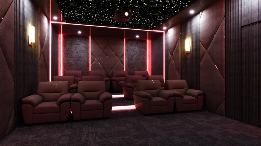 3D design of a Kushtagi villa home theatre with starry fibre-optic ceiling, recliner seating, acoustic wall panels and LED profile lighting by Aladi Interiors