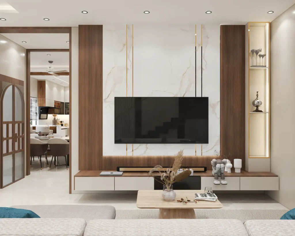 3D design of a Bellary villa living room with marble TV wall and wooden slat panelling by Aladi Interiors