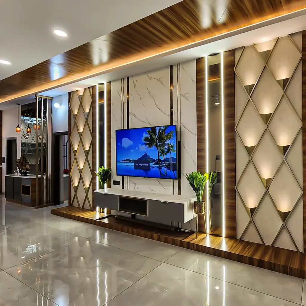 Completed villa living room in Gulbarga with marble TV wall, backlit diamond wall panels, wooden ceiling and floating TV unit by Aladi Interiors