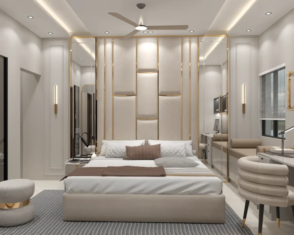 3D design of a Bellary villa master bedroom with gold-trim upholstered headboard by Aladi Interiors