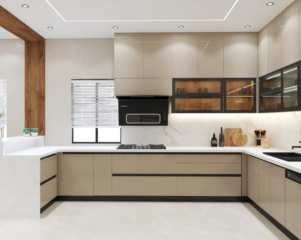 3D design of a U-shaped modular kitchen with glass cabinets and chimney in a Bellary villa by Aladi Interiors