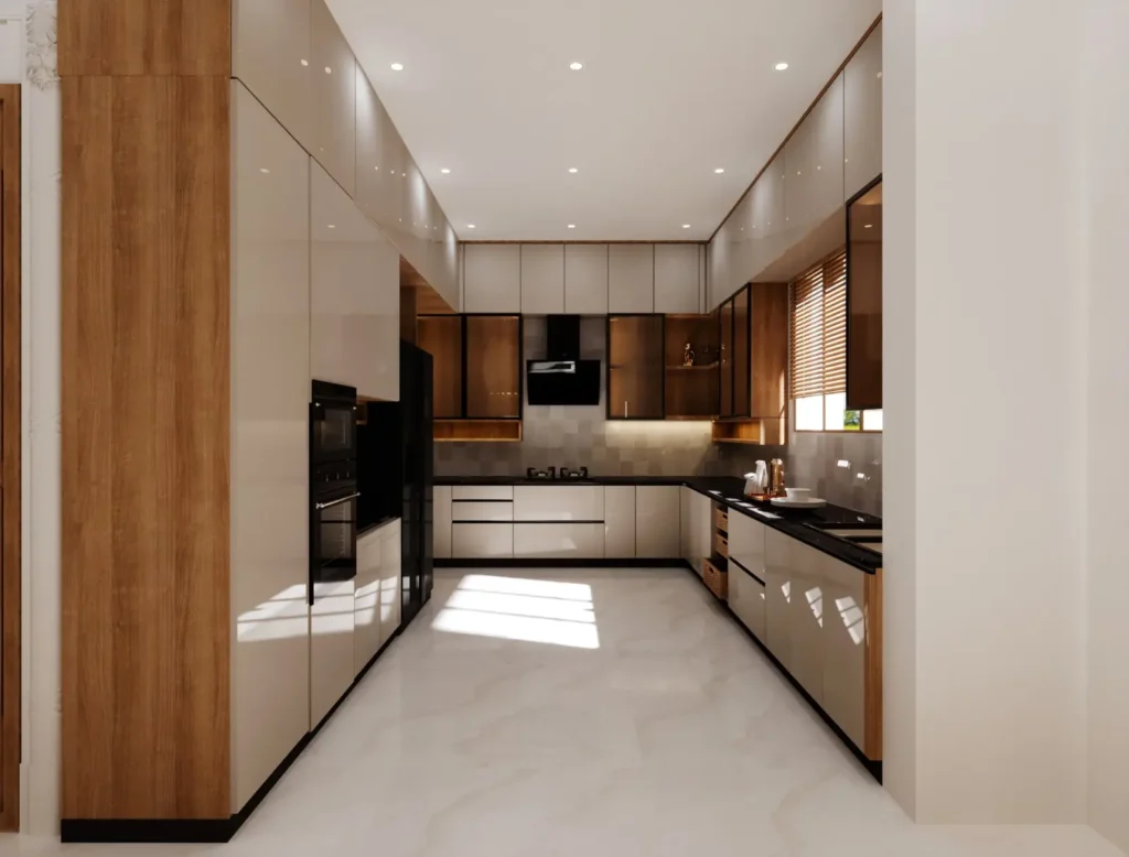 3D design of a U-shaped modular kitchen in a Kushtagi villa with high-gloss shutters, fluted glass cabinets, built-in oven tower and black granite counter by Aladi Interiors